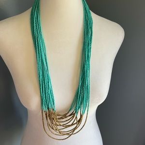Long teal and gold  beaded necklace